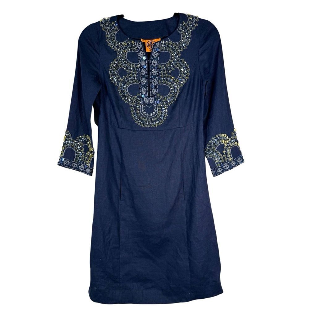 Tory Burch Navy Blue Beaded Linen Dress Embellished Vacation Women’s Size 0